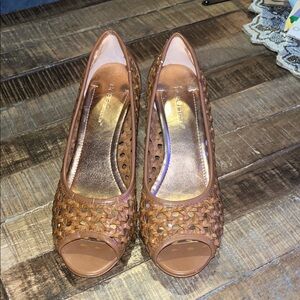 BCBG Women's Brown Woven Peep Toe Heels